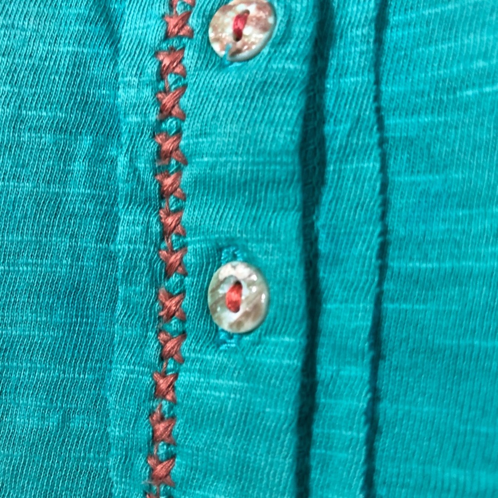 Sundance cotton Henley tshirt blue embroidery pointelle shoulder turquoise sz S - Picture 12 of 13